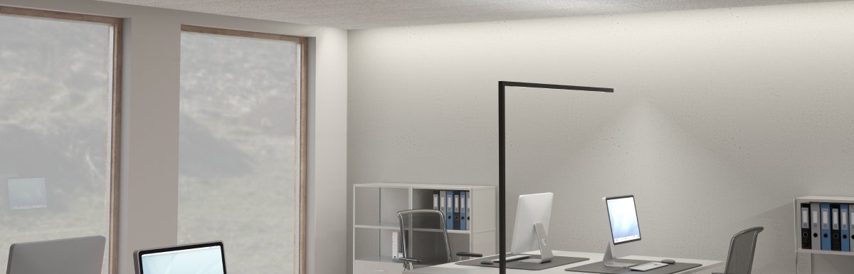 A minimalist white office space with acoustic panels hanging from the ceiling.