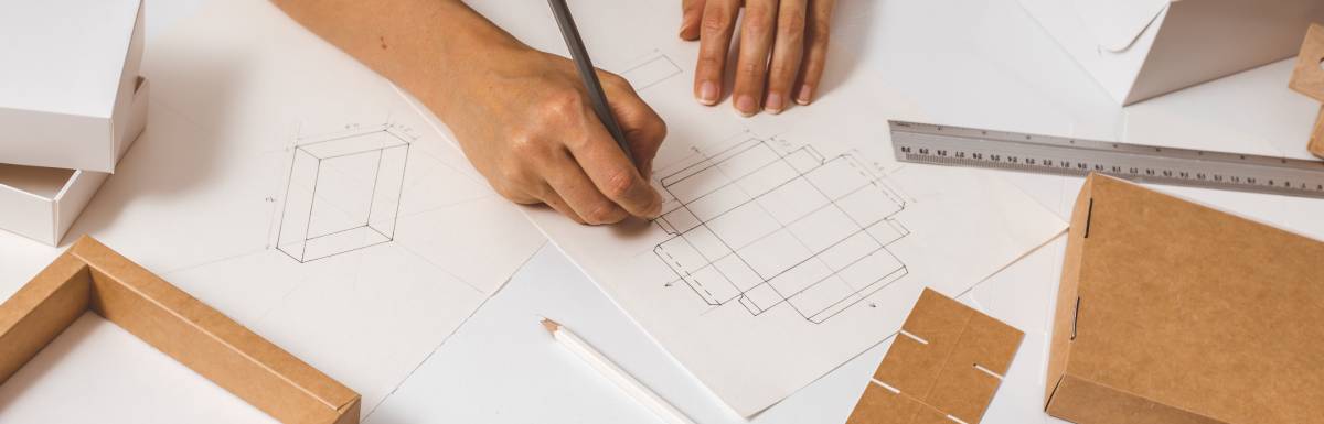 A designer holding a pencil is creating a packaging design using a diagram of a cardboard box surrounded by other boxes.