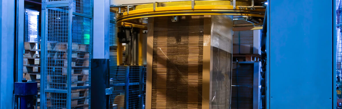 A large, blue stretch-wrapping machine wraps a pallet stacked with flat cardboard boxes. The pallet sits on rollers.