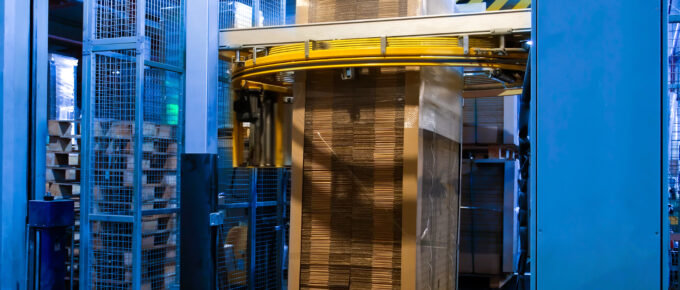 A large, blue stretch-wrapping machine wraps a pallet stacked with flat cardboard boxes. The pallet sits on rollers.