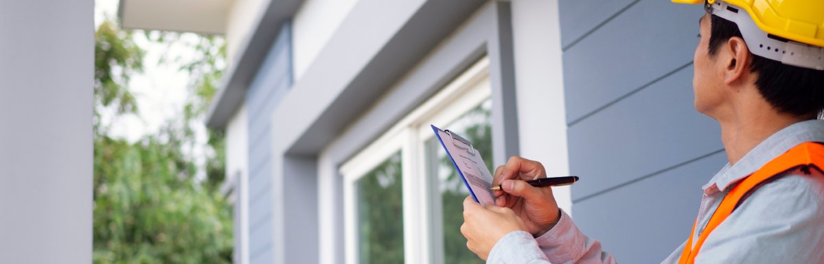 An inspector looks at the outside of a house. He checks something off his list using a blue clipboard.