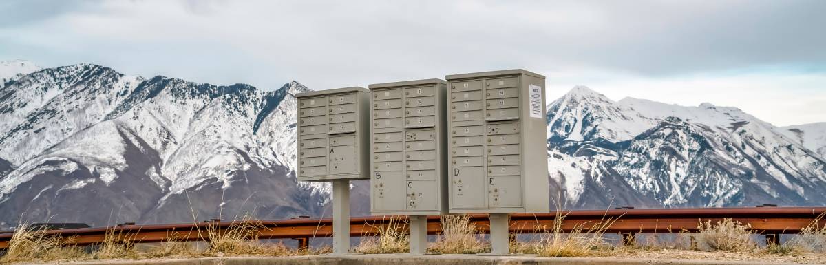 A multi-tenant freestanding mailbox stands alongside a road with a gorgeous snow-covered mountain behind it.