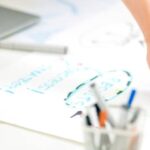 A hand points to a word on a word map laying on a table with several people gathered around it.