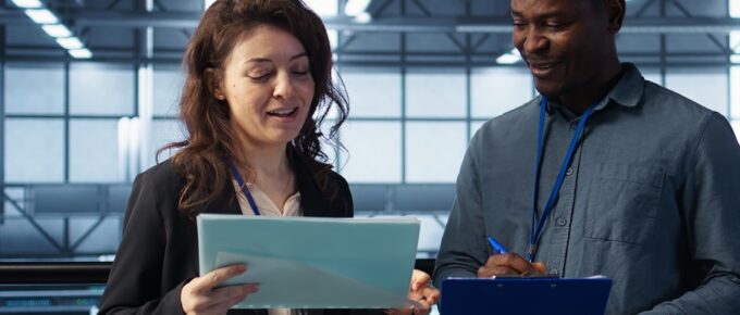 A woman wearing a black jacket holds a piece of paper up to a man in a blue shirt who is holding a clipboard and writing.