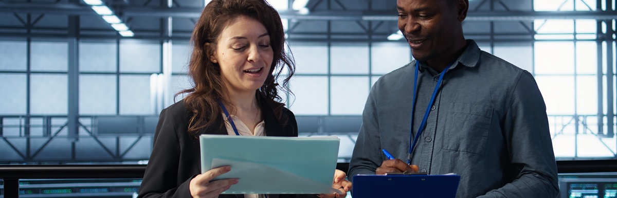 A woman wearing a black jacket holds a piece of paper up to a man in a blue shirt who is holding a clipboard and writing.