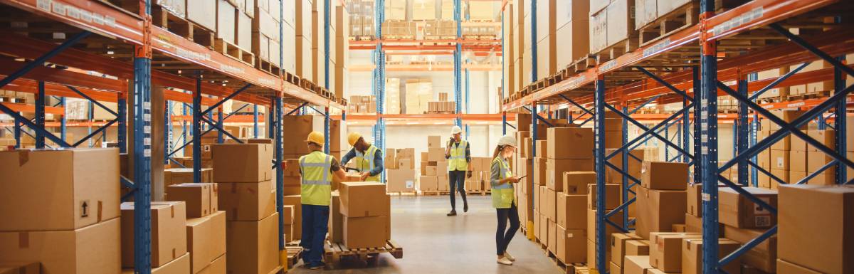 One long aisle of a retail warehouse is lined with boxes on high shelves. Employees inspect and catalog the boxes.
