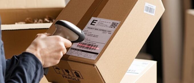 A person is scanning a bar code on a cardboard package. There are several other cardboard packages around the room.