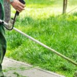 Someone using a weed whacker to trim the grass near the sidewalk. There are two people in the background doing the same thing.