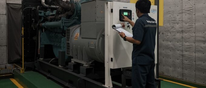 A male technician wearing dark-gray clothing is holding a clipboard and pushing the button on large industrial generator.