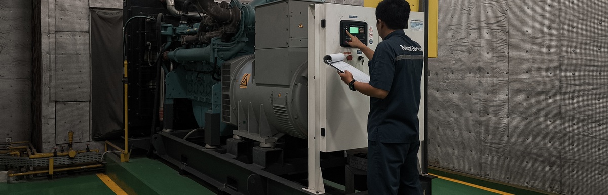 A male technician wearing dark-gray clothing is holding a clipboard and pushing the button on large industrial generator.