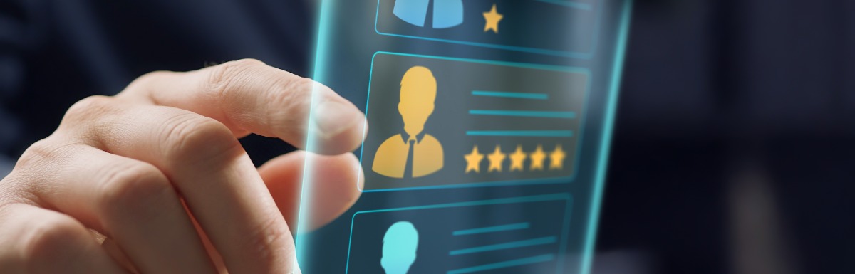 A businessman's hand selecting a candidate from multiple icons with rankings that represent different people.