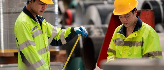 Two people, both of whom are wearing high-visibility jackets, are standing next to industrial equipment.