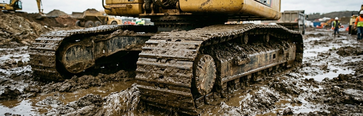 A yellow excavator with muddy tracks moving through thick mud at a construction site under a gray sky.