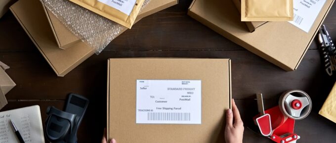 a pair of hands holding a labeled cardboard box on a dark table with mailers, bubble wrap, and a tape dispenser.